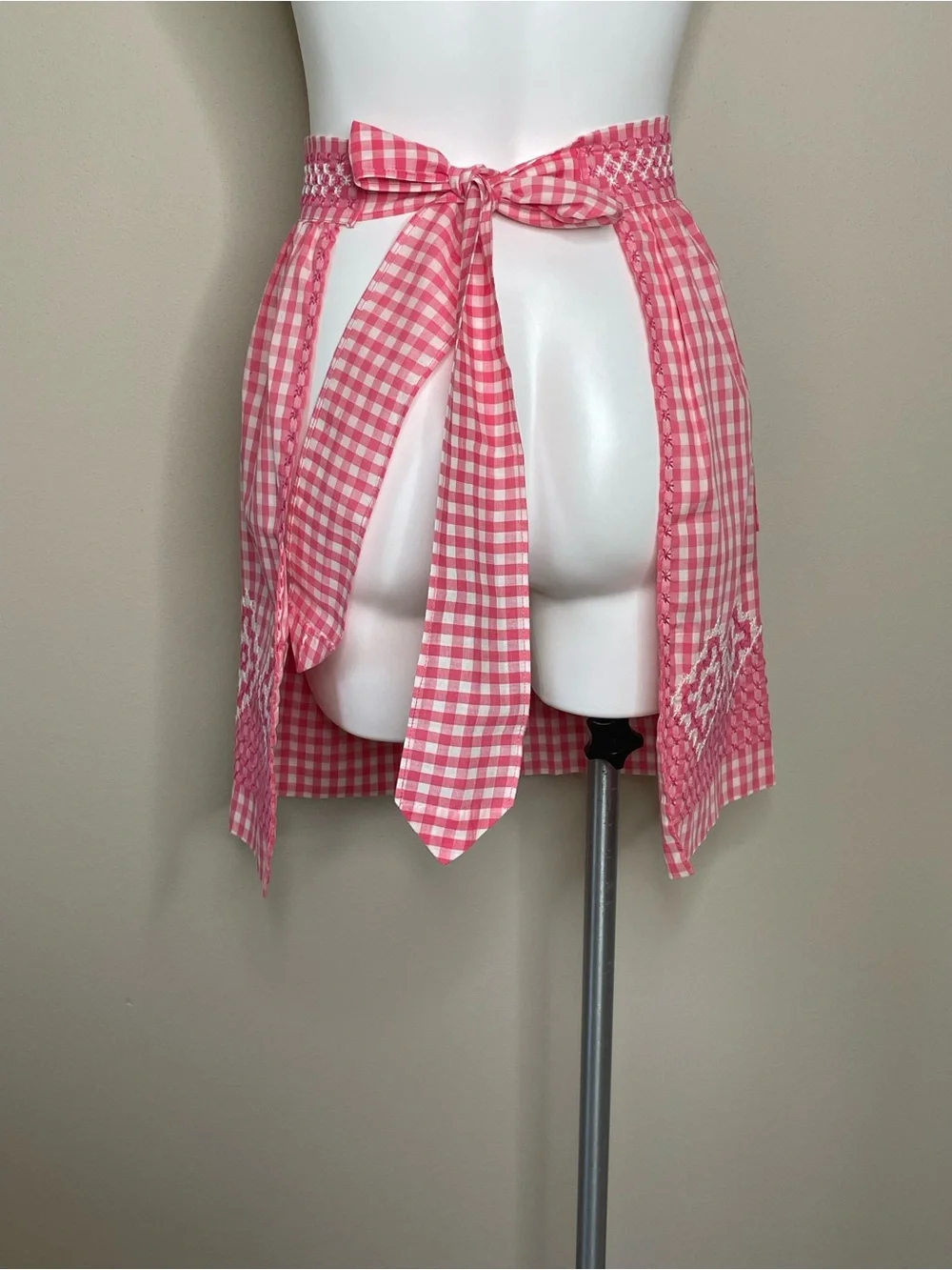 Pink Gingham Embroidered Tea or Half Apron with Chicken Scratch Stitching
